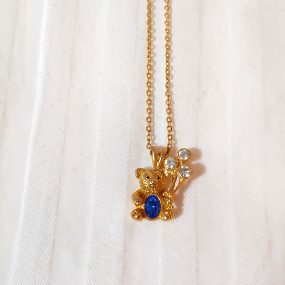 Gold Teddy Bear Pendant Necklace with Sapphire Gemstone & Rhinestones